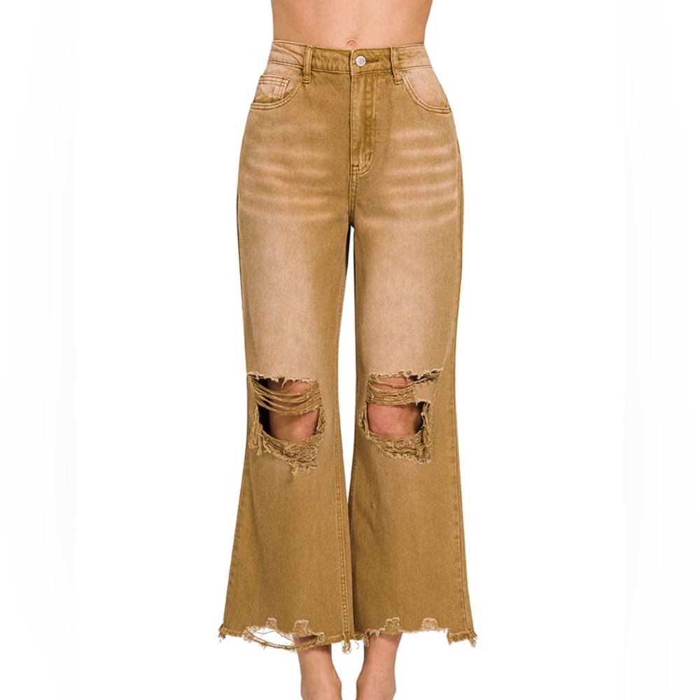 NWT ZENANA Camel Brown Khaki Distressed Cropped Wide Leg Denim Jeans